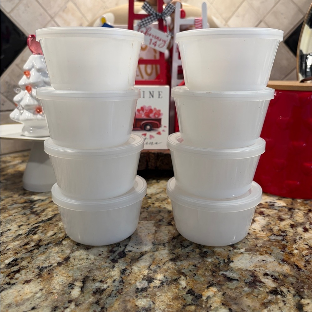 8 Glasbake Vintage White Milk Glass Custard Cups/Ramekins with Plastic Lids.